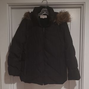 Calvin Klein Women's Black Puffer Jacket with Faux Fur Trim